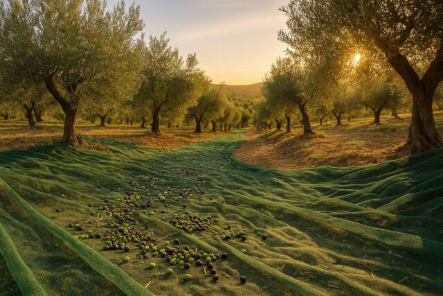 Cosecha de aceitunas al atardecer. “Image générée par IA / OpenAI”