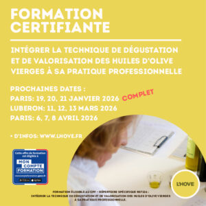 formation l'hove certifiante de 3 joutrs et niveau 1+ sur 1 jours et demi à la dégustation des huiles d'olive vierges