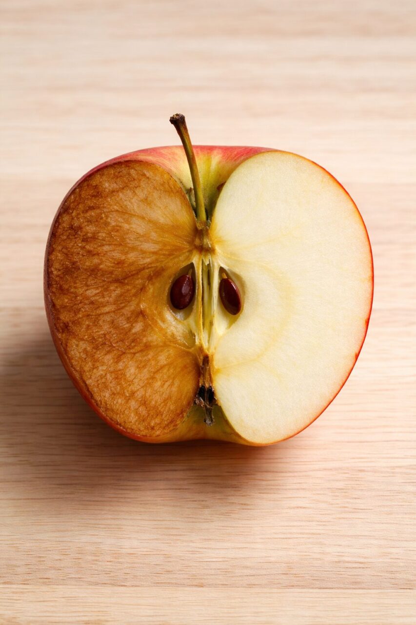 pomme coupée avec la moitié oxydée